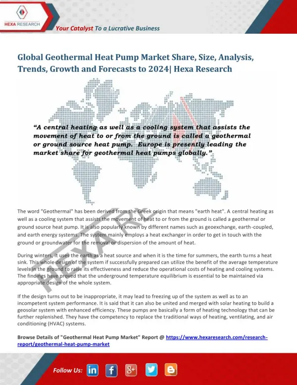 Geothermal Heat Pump Market Analysis, Size, Share and Forecast Report up to 2024 - Hexa Research