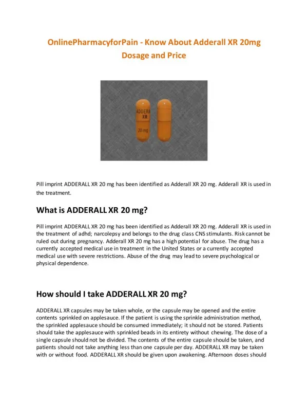 OnlinePharmacyforPain - Know About Adderall XR 20mg Dosage and Price