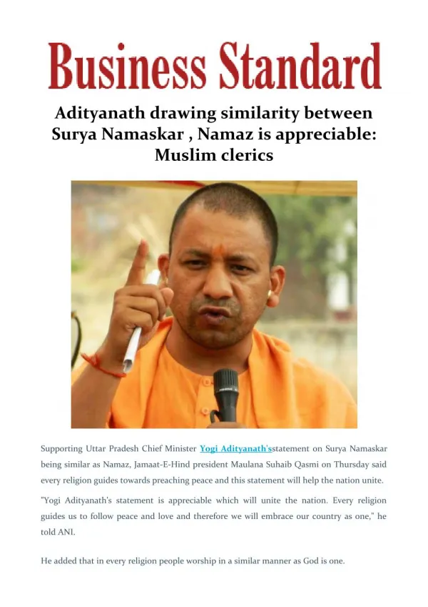 Adityanath drawing similarity between Surya Namaskar , Namaz is appreciable: Muslim clerics