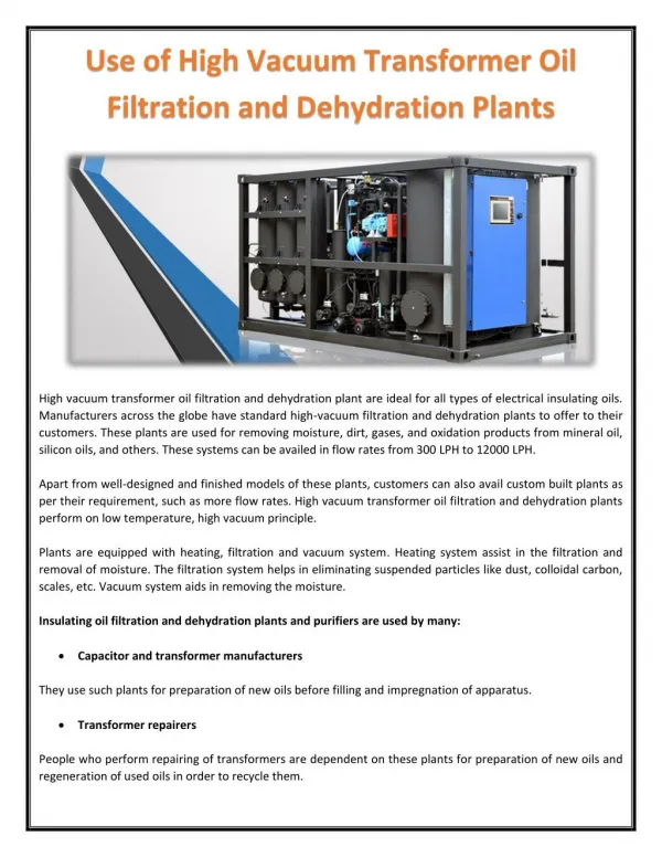 Use of High Vacuum Transformer Oil Filtration and Dehydration Plants
