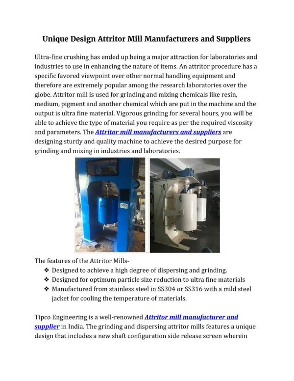 Unique Design Attritor Mill Manufacturers and Suppliers