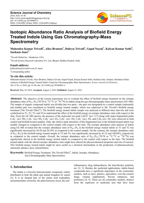 Isotopic Abundance Ratio Analysis of Biofield Energy Treated Indole Using Gas Chromatography-Mass Spectrometry