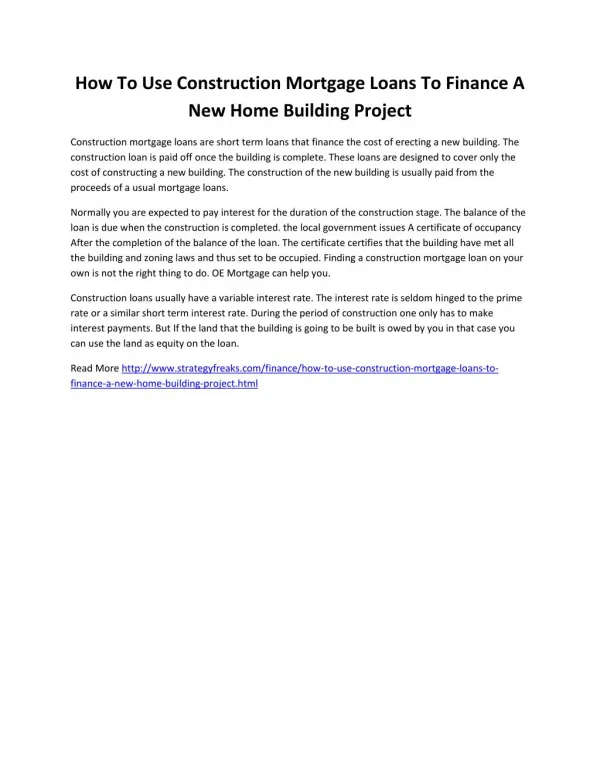 How To Use Construction Mortgage Loans To Finance A New Home Building Project