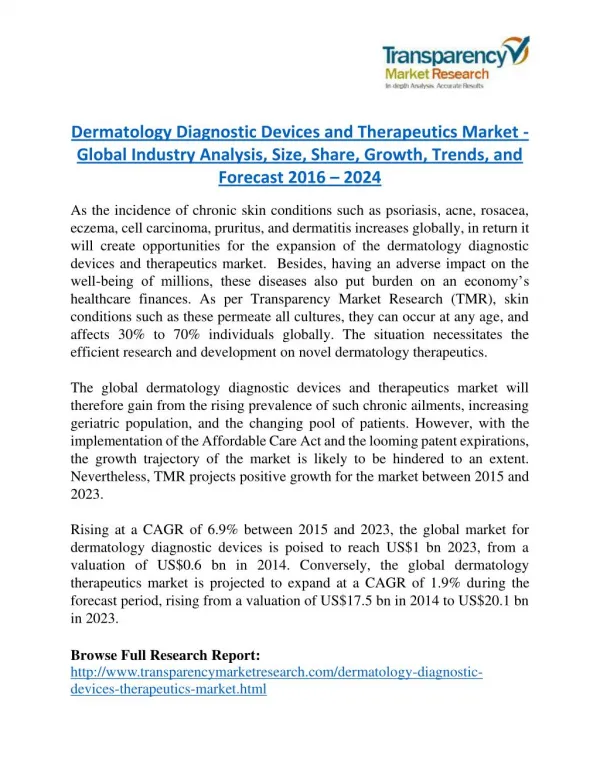 Dermatology Diagnostic Devices and Therapeutics Market Research Report Forecast to 2024