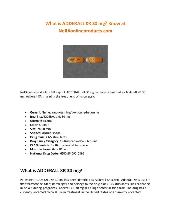 What is ADDERALL XR 30 mg? Know at NoRXonlineproducts.com