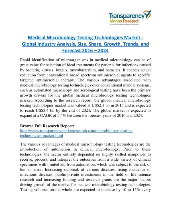 Medical Microbiology Testing Technologies Market - Positive long-term growth outlook 2024