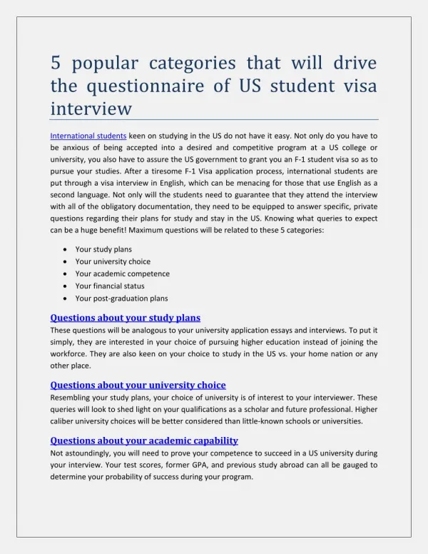 5 popular categories that will drive the questionnaire of US student visa interview
