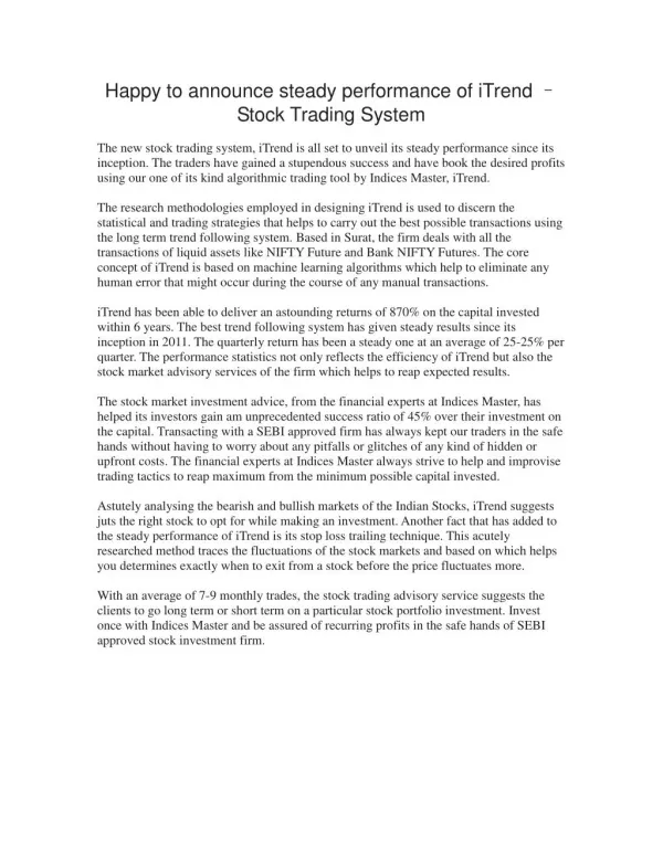 Happy to announce steady performance of iTrend – Stock Trading System