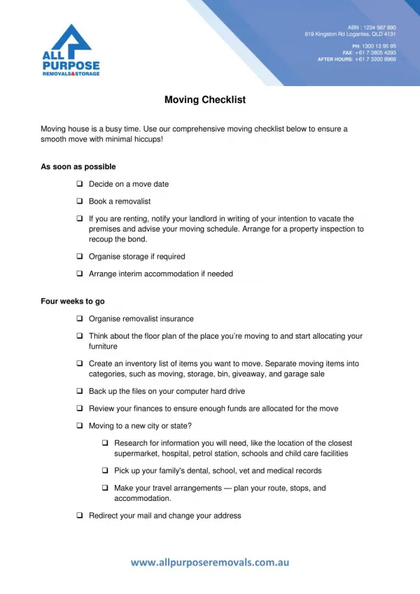 All Purpose Removals Moving Checklist