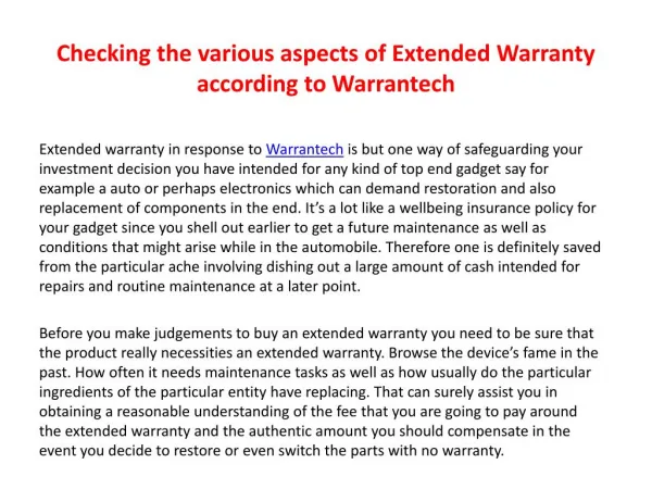 Checking the various aspects of Extended Warranty according to Warrantech