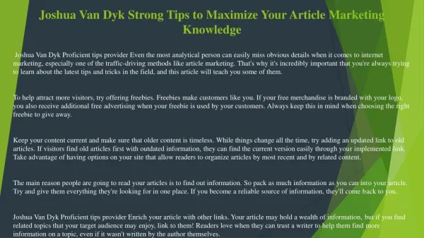 Joshua Van Dyk Strong Tips to Maximize Your Article Marketing Knowledge
