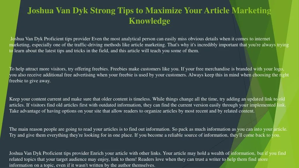 joshua van dyk strong tips to maximize your article marketing knowledge