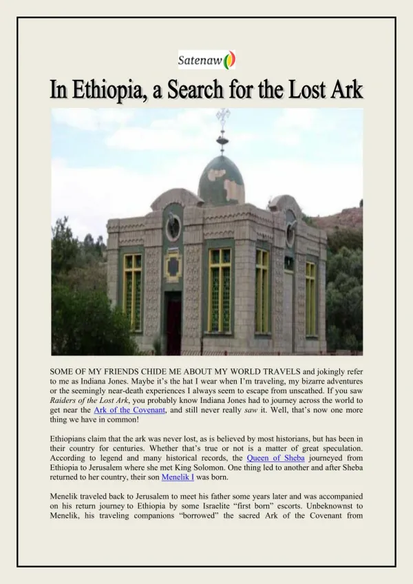 In Ethiopia, a Search for the Lost Ark