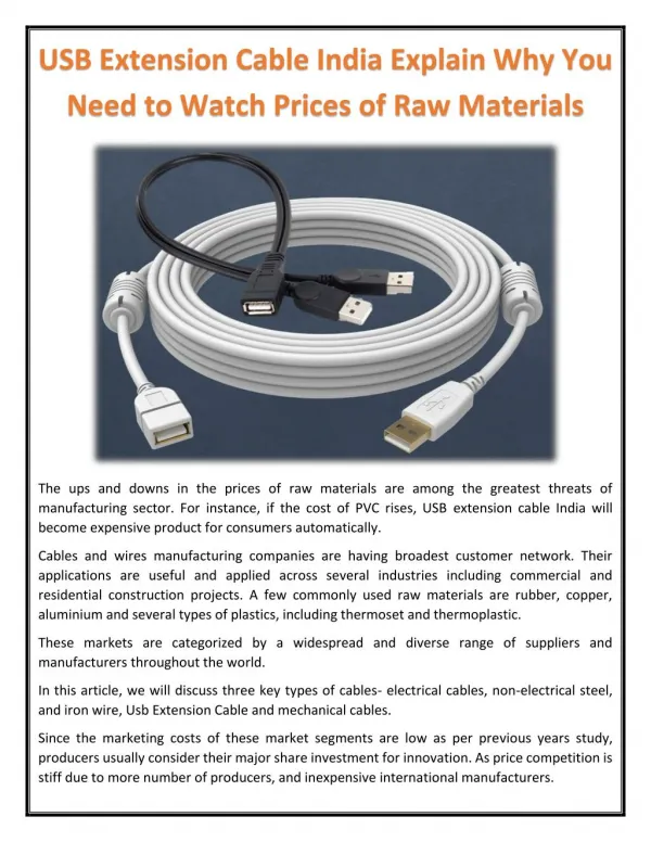 USB Extension Cable India Explain Why You Need to Watch Prices of Raw Materials