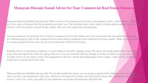 Monayam Hussain Sound Advice for Your Commercial Real Estate Business