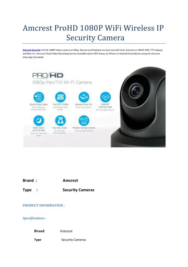 Amcrest IP2M-841B ProHD 1080P WiFi Video Monitoring Security Wireless IP Camera