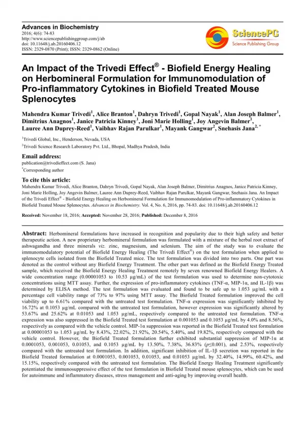 An Impact of the Trivedi Effect® – Biofield Energy Healing on Herbomineral Formulation for Immunomodulation of Pro-infla