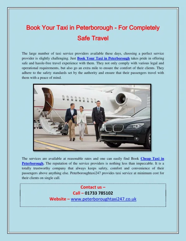 Book Your Taxi in Peterborough - For Completely Safe Travel