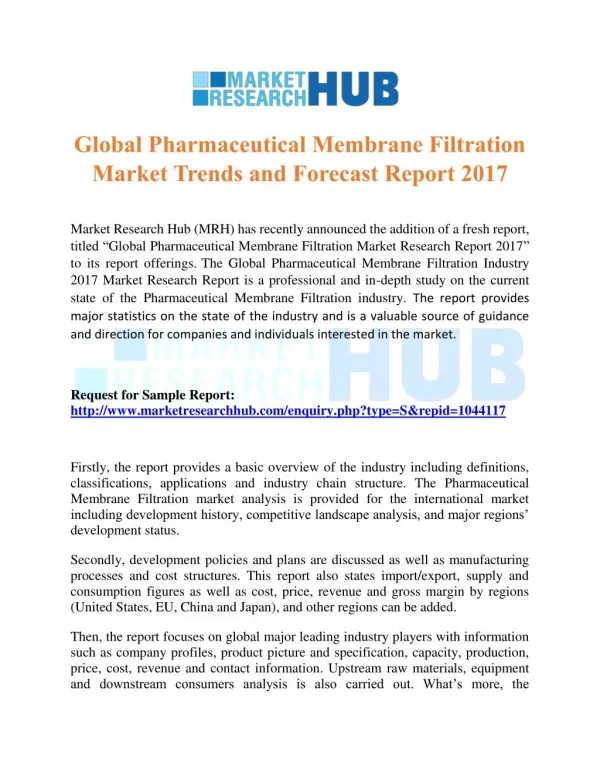 Global Pharmaceutical Membrane Filtration Market Trends and Forecast Report 2017