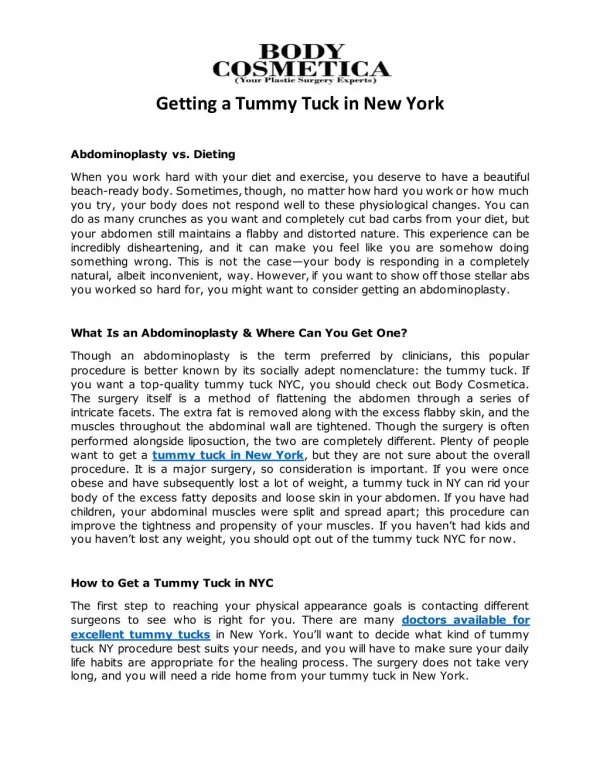 Getting a Tummy Tuck in New York | Body Cosmetica