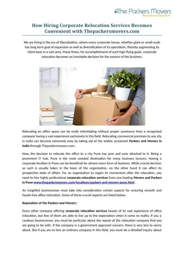 How Hiring Corporate Relocation Services Becomes Convenient with Thepackersmovers.com