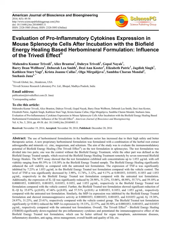 Evaluation of Pro-Inflammatory Cytokines Expression in Mouse Splenocyte Cells After Incubation with the Biofield Energy