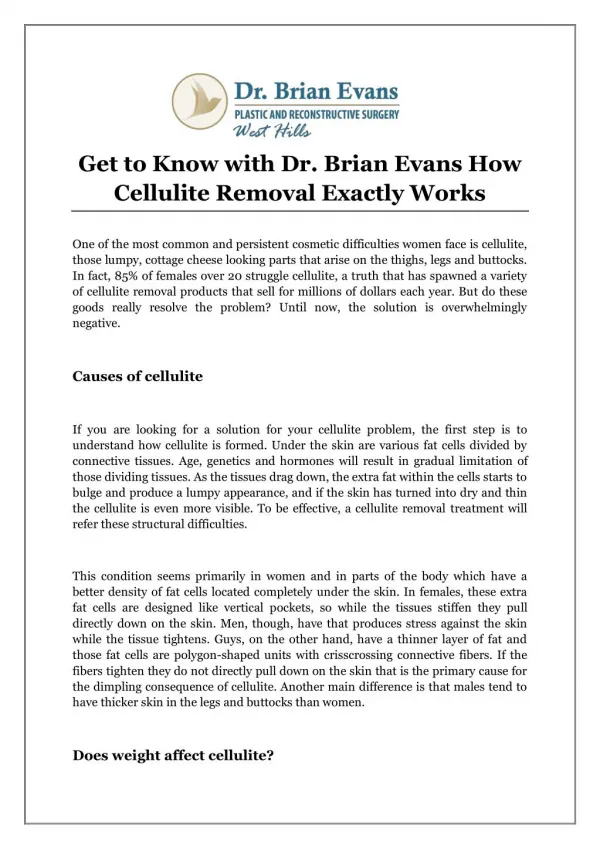 Get to Know with Dr. Brian Evans How Cellulite Removal Exactly Works