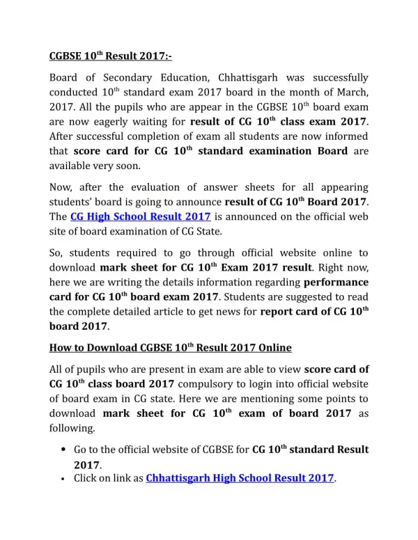 Chhattisgarh Board HS Exams Result 2017