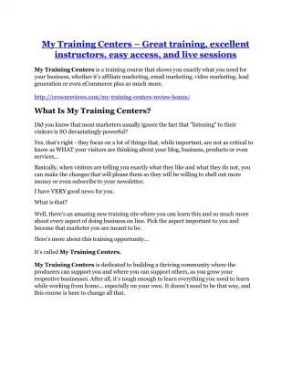 My Training Centers review and giant bonus with 100 items - slide 1