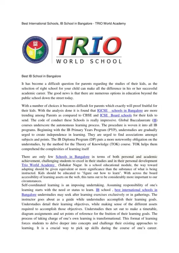 Best International Schools, IB School in Bangalore - TRIO World Academy