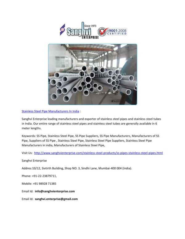 Stainless Steel Pipe Manufacturers In India