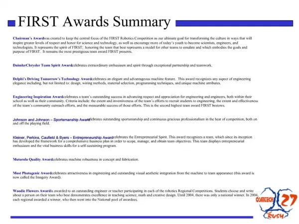 FIRST Awards Summary