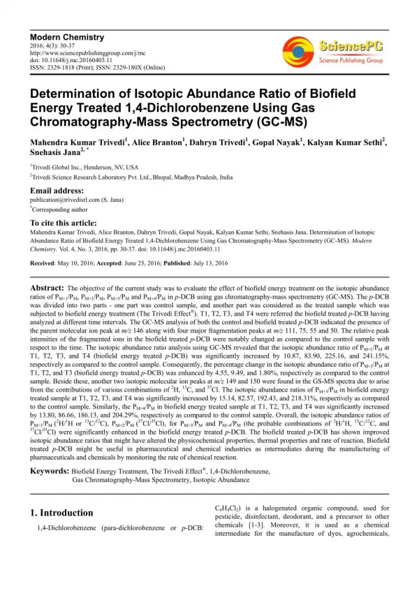 Determination of Isotopic Abundance Ratio of Biofield Energy Treated 1,4-Dichlorobenzene Using Gas Chromatography-Mass S