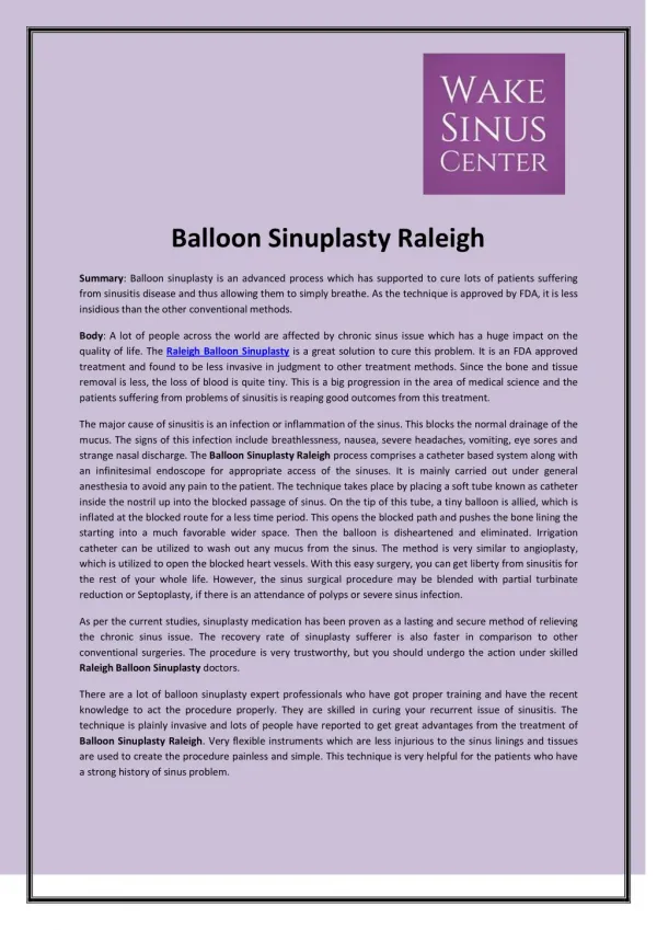 Balloon Sinuplasty - A Secure Way To Cure Sinus Disease