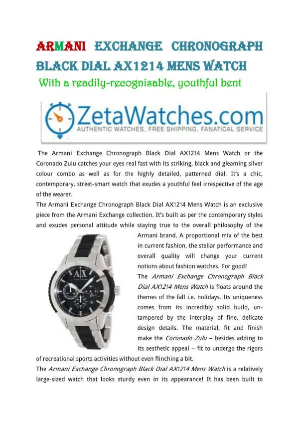 Armani Exchange Chronograph Black Dial AX1214 Mens Watch
