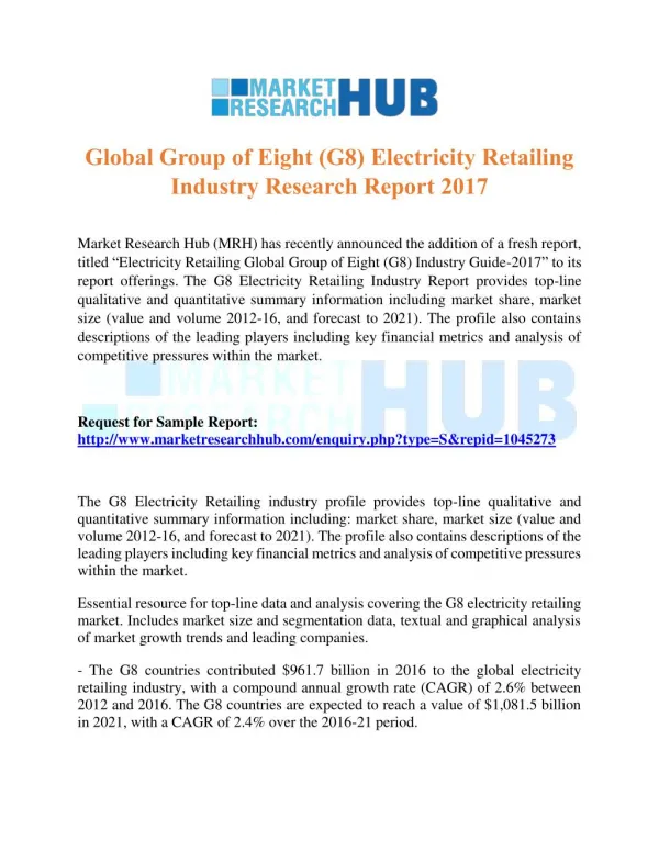 Global Group of Eight (G8) Electricity Retailing Industry Research Report 2017