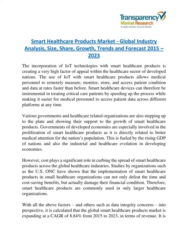 Smart Healthcare Products Market will rise to US$ 57.85 Billion by 2023