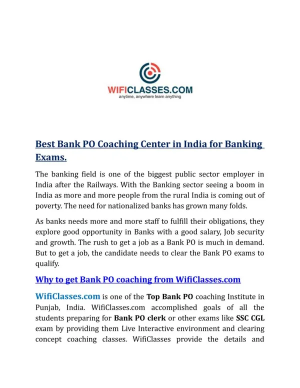 Bank PO Coaching Center Punjab, India - Wificlasses