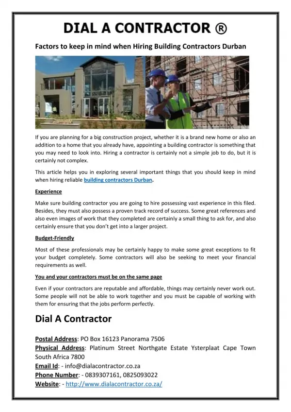 Factors to keep in mind when Hiring Building Contractors Durban