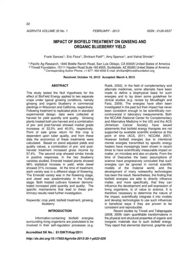 Impact of biofield treatment on ginseng and organic blueberry yield