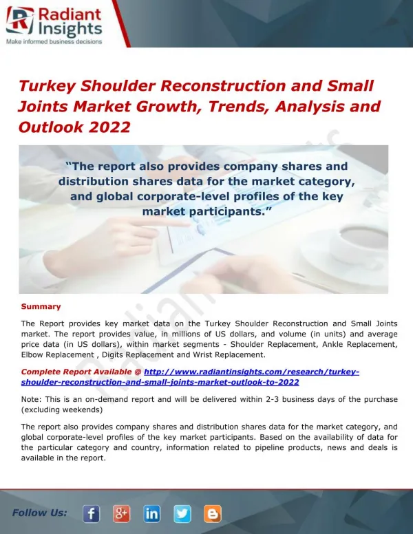 Turkey Shoulder Reconstruction and Small Joints Market Share, Opportunities and Outlook 2022