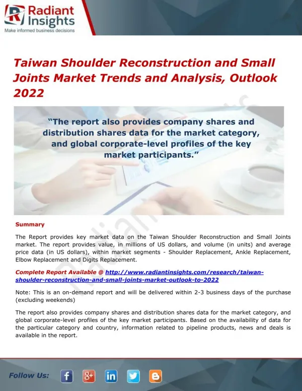 Taiwan Shoulder Reconstruction and Small Joints Market Trends and Analysis, Outlook 2022
