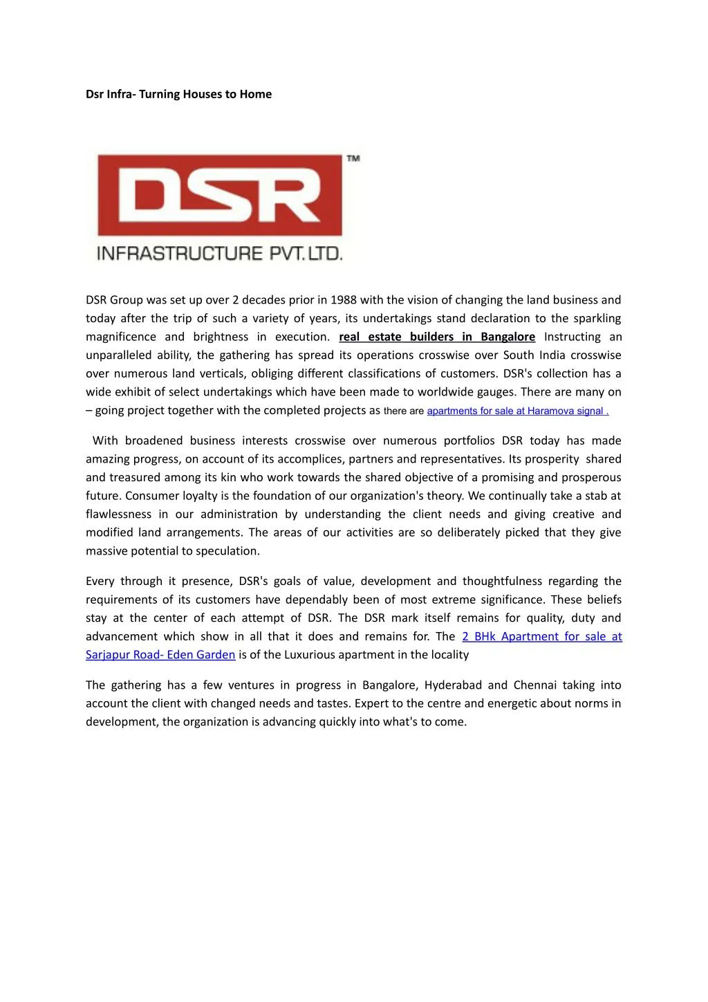 dsr infra turning houses to home