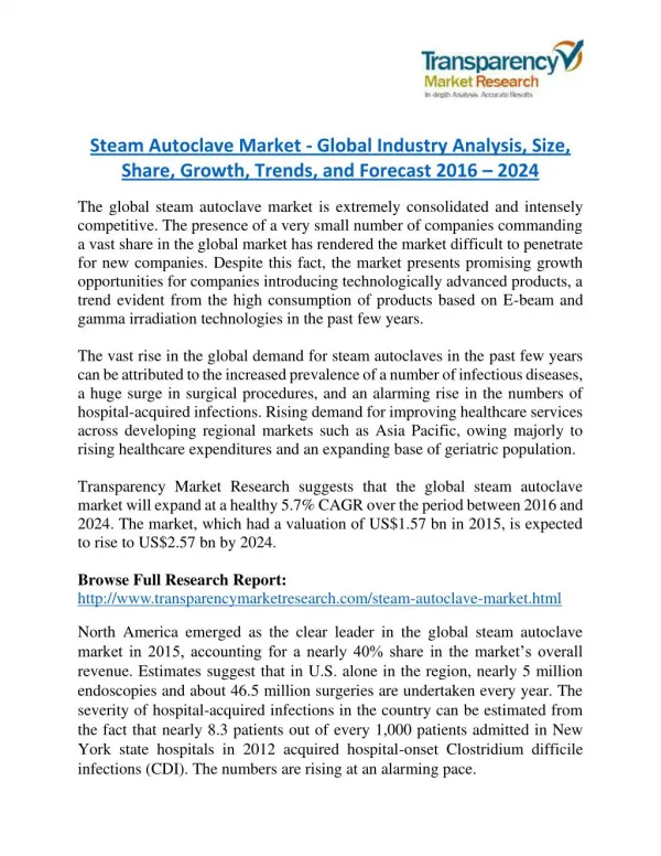 Steam Autoclave Market is expanding at a CAGR of 5.7% from 2016 to 2024