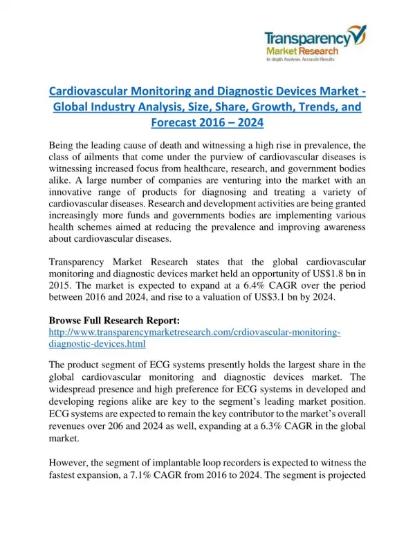Cardiovascular Monitoring and Diagnostic Devices Market Research Report Forecast to 2024