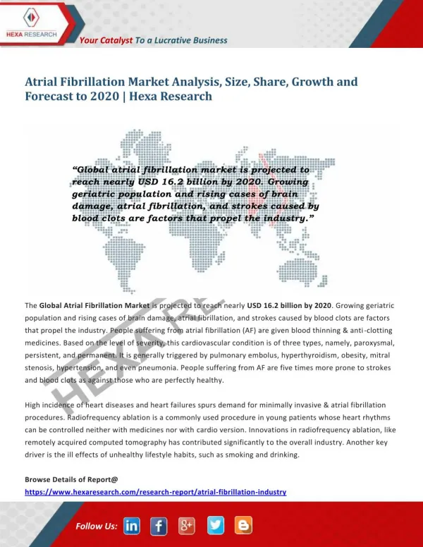 Atrial Fibrillation Market Worth USD 16.2 Billion by 2020 | Hexa Research