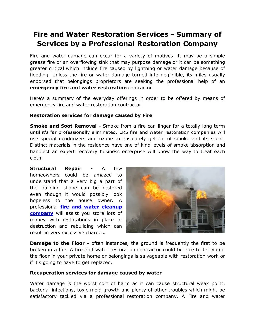 fire and water restoration services summary