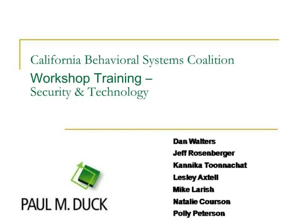 California Behavioral Systems Coalition Workshop Training Security Technology