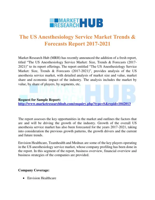 US Anesthesiology Service Market Trends & Forecasts Report 2017-2021