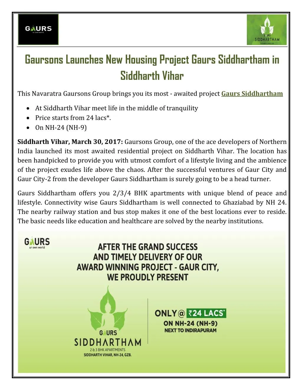 gaursons launches new housing project gaurs